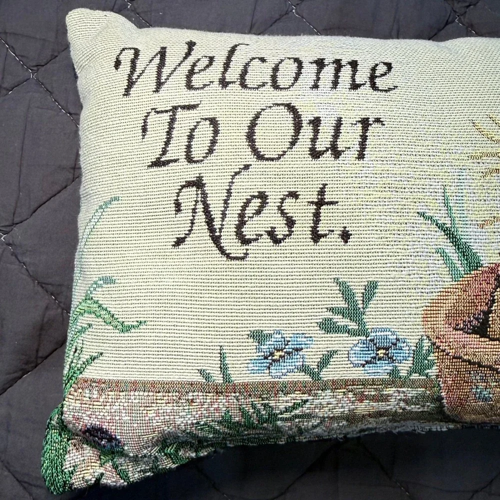 Vintage Needlepoint Bird Welcome‎ Pillow Cottage Farmhouse Decor Cozy Rustic